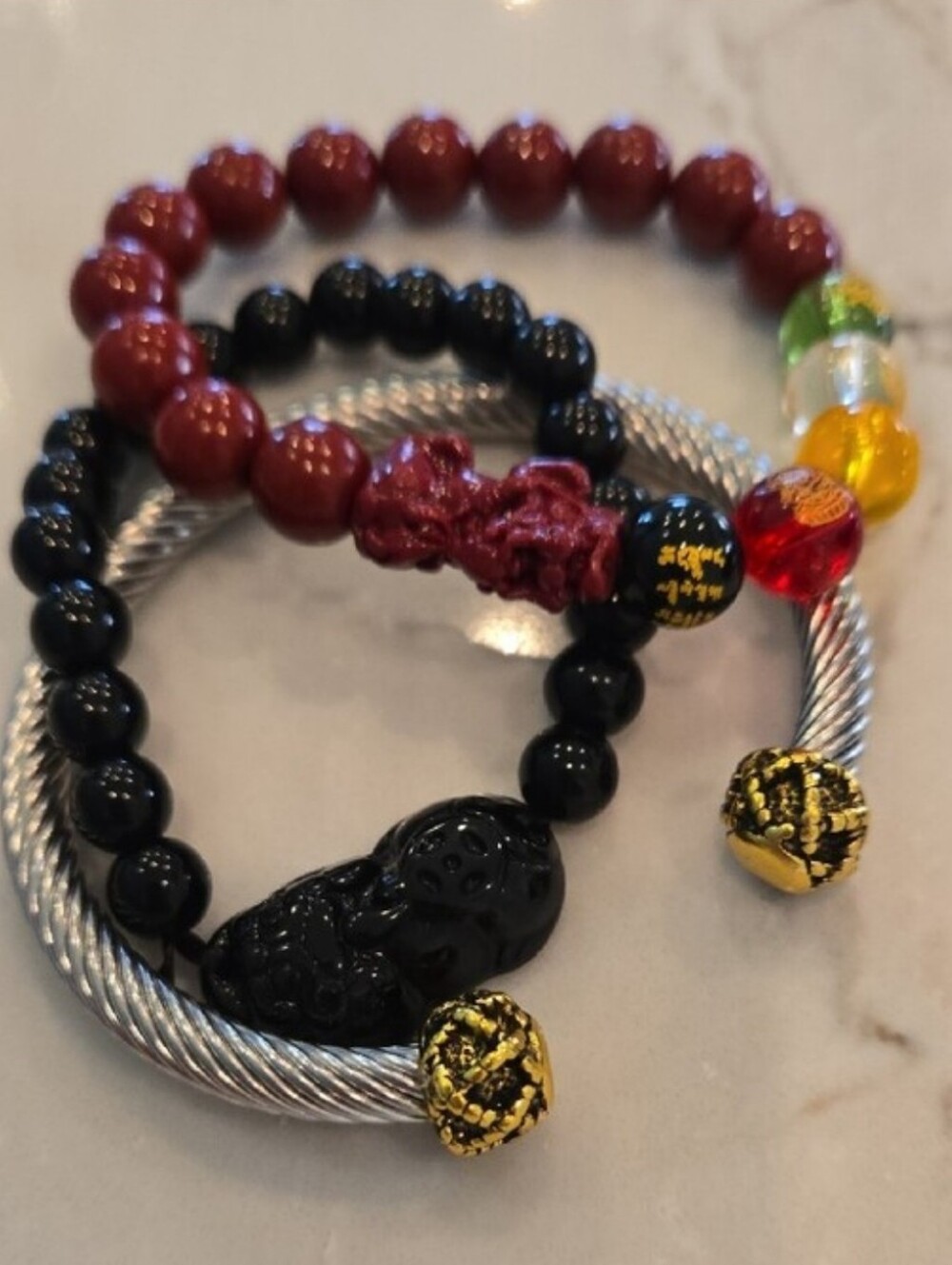 3 Pc Set Multicolor Bead & Carved Charm Bracelet Set W/DY Look Silver Cuff